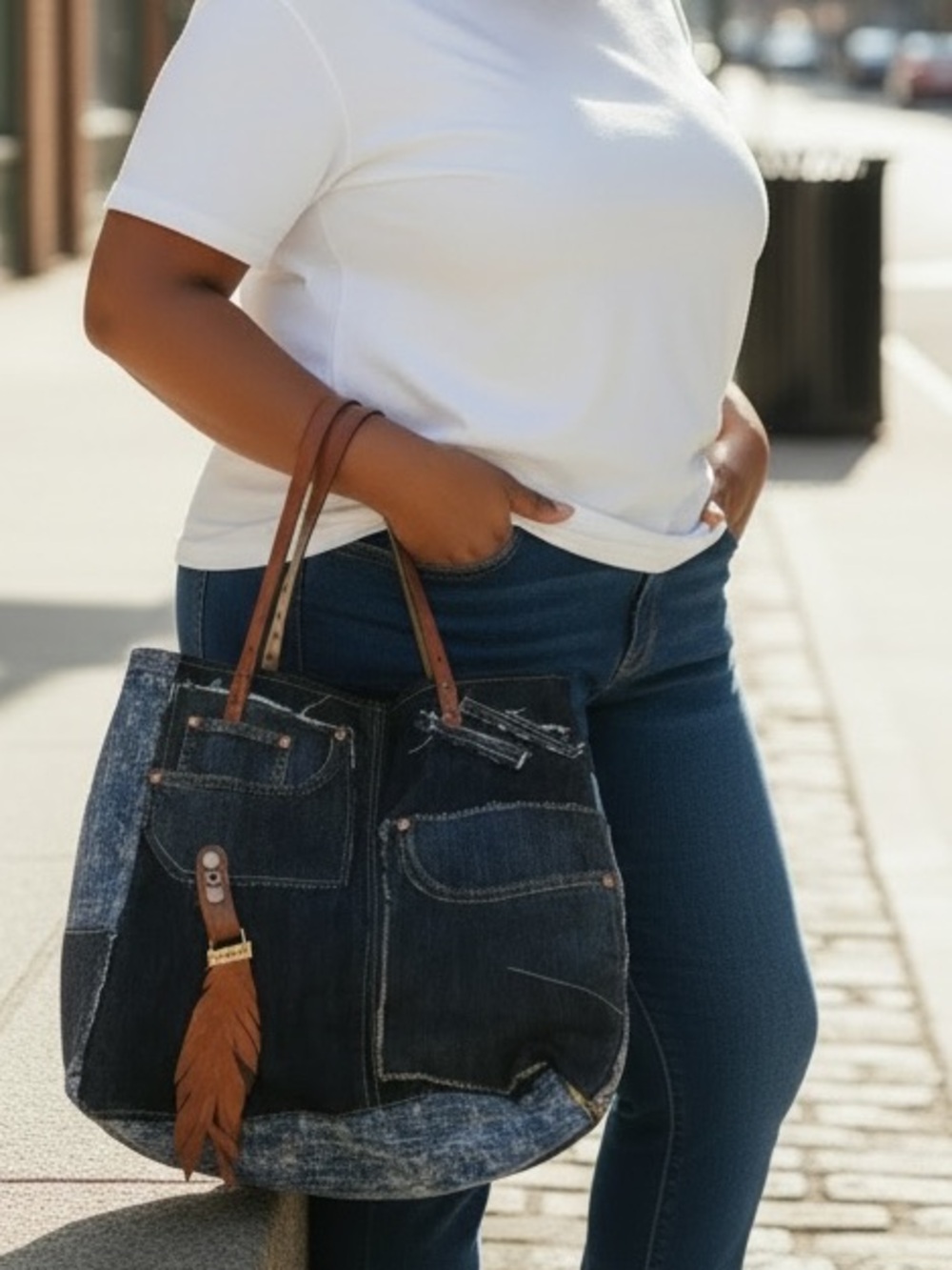Denim Patchwork Tote with Brown Leather Handles